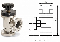 Клапан вакуумный угловой ручной с фланцами CF50 (CF3,38"), медное уплотнение корпуса, нержавеющая сталь 304L 0104224508