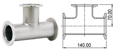 Тройник с фланцами KF50 (NW50) длиной 140 мм, нержавеющая сталь 304L 02020147501408