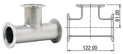 Тройник с фланцами KF40 (NW40) длиной 122 мм, нержавеющая сталь 304L 02020147401228